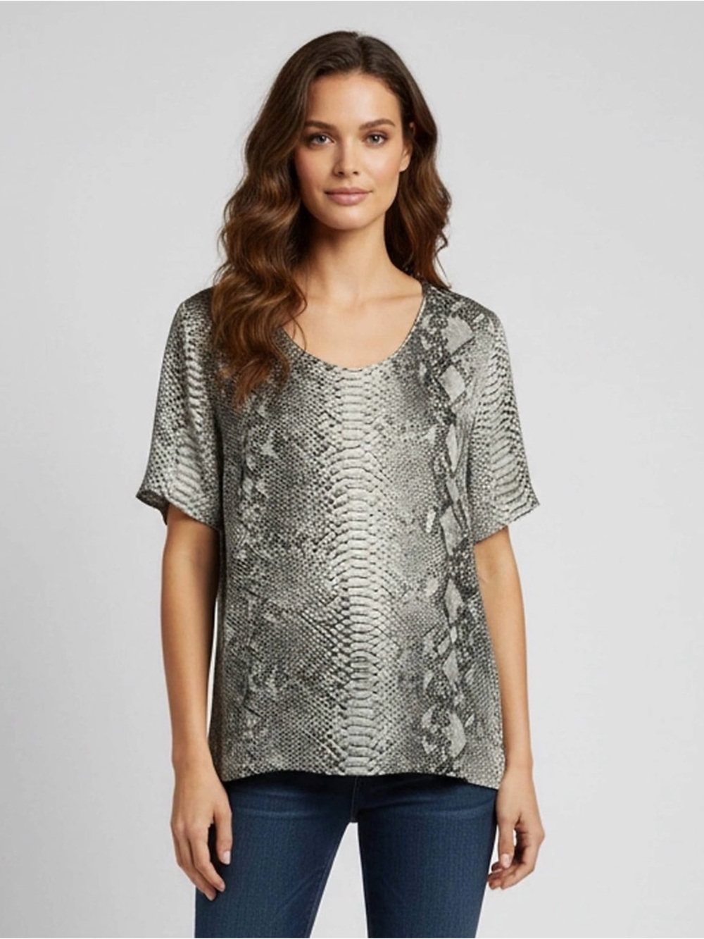Stella McCartney Silk Snake-Print Short Sleeve Top in Gray Sz 40 (IT/EU)/ 4-6 US